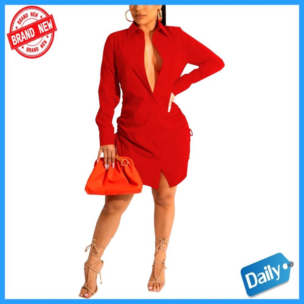 Sexy Button Down Shirt Dress Long Sleeve Mini Loose Fit Ties Side Adjustable